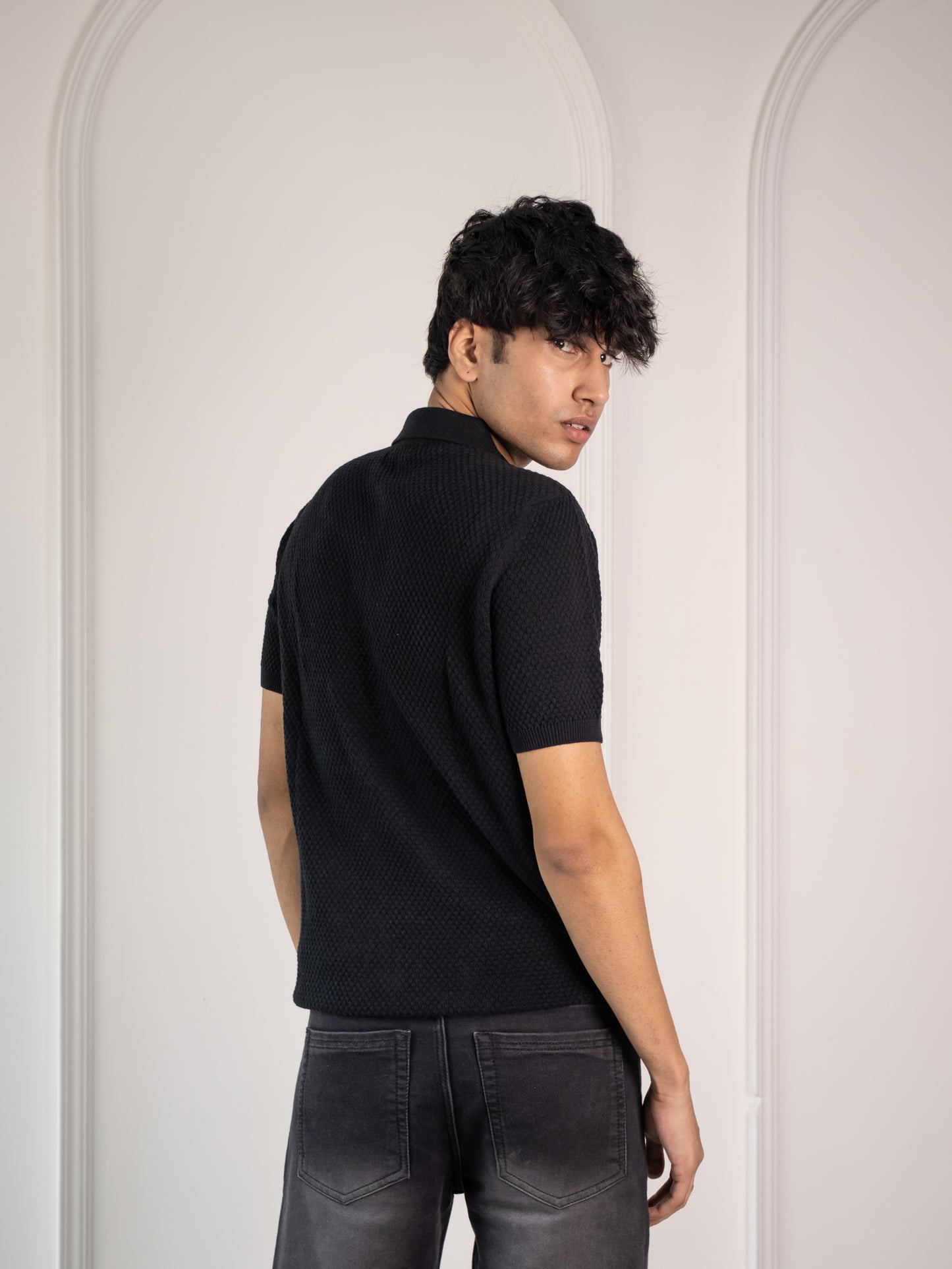 Waffle Knit Polo (Obsidian)