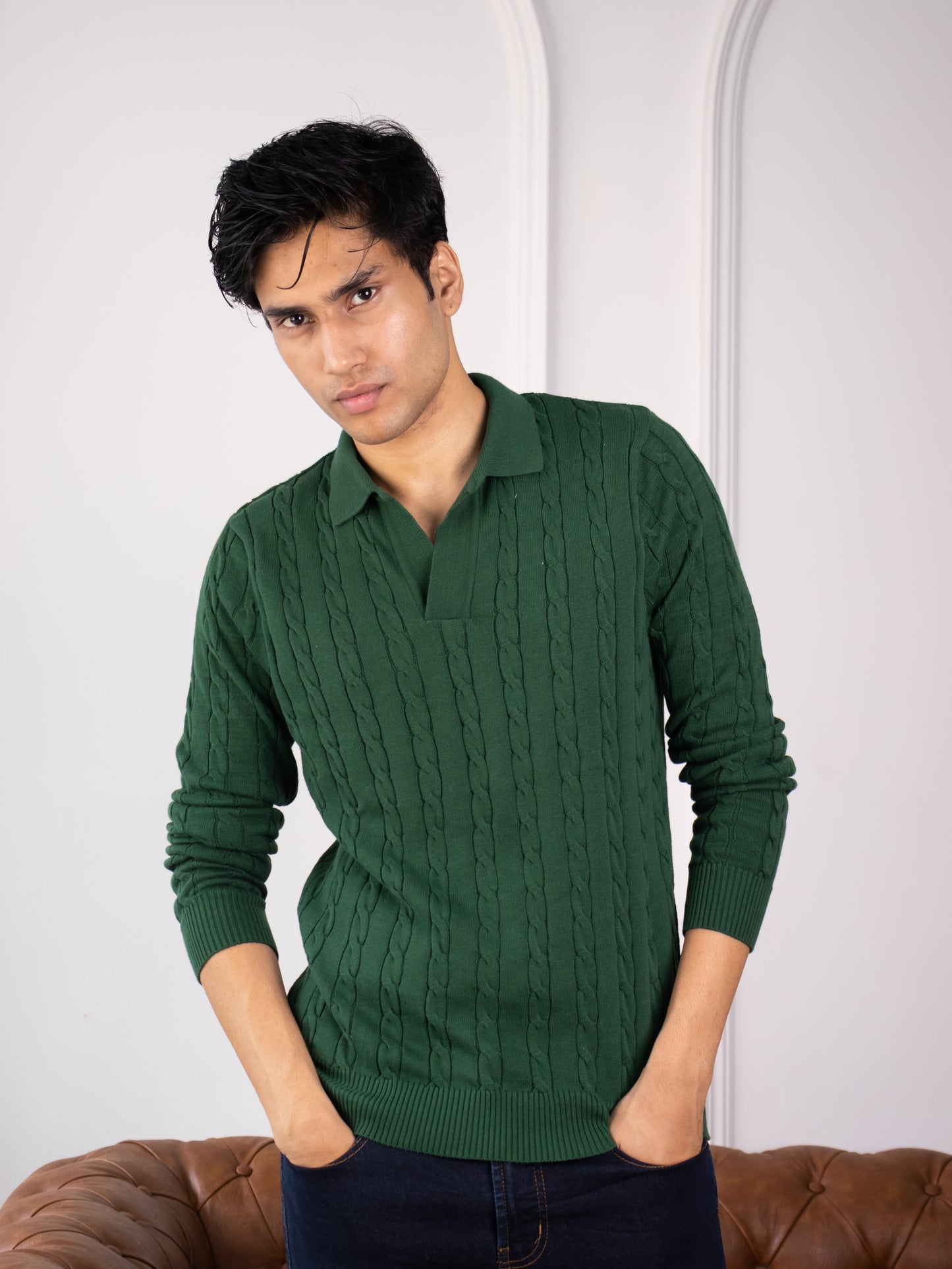 Long Sleeve Cable Knit Polo (British Racing Green)