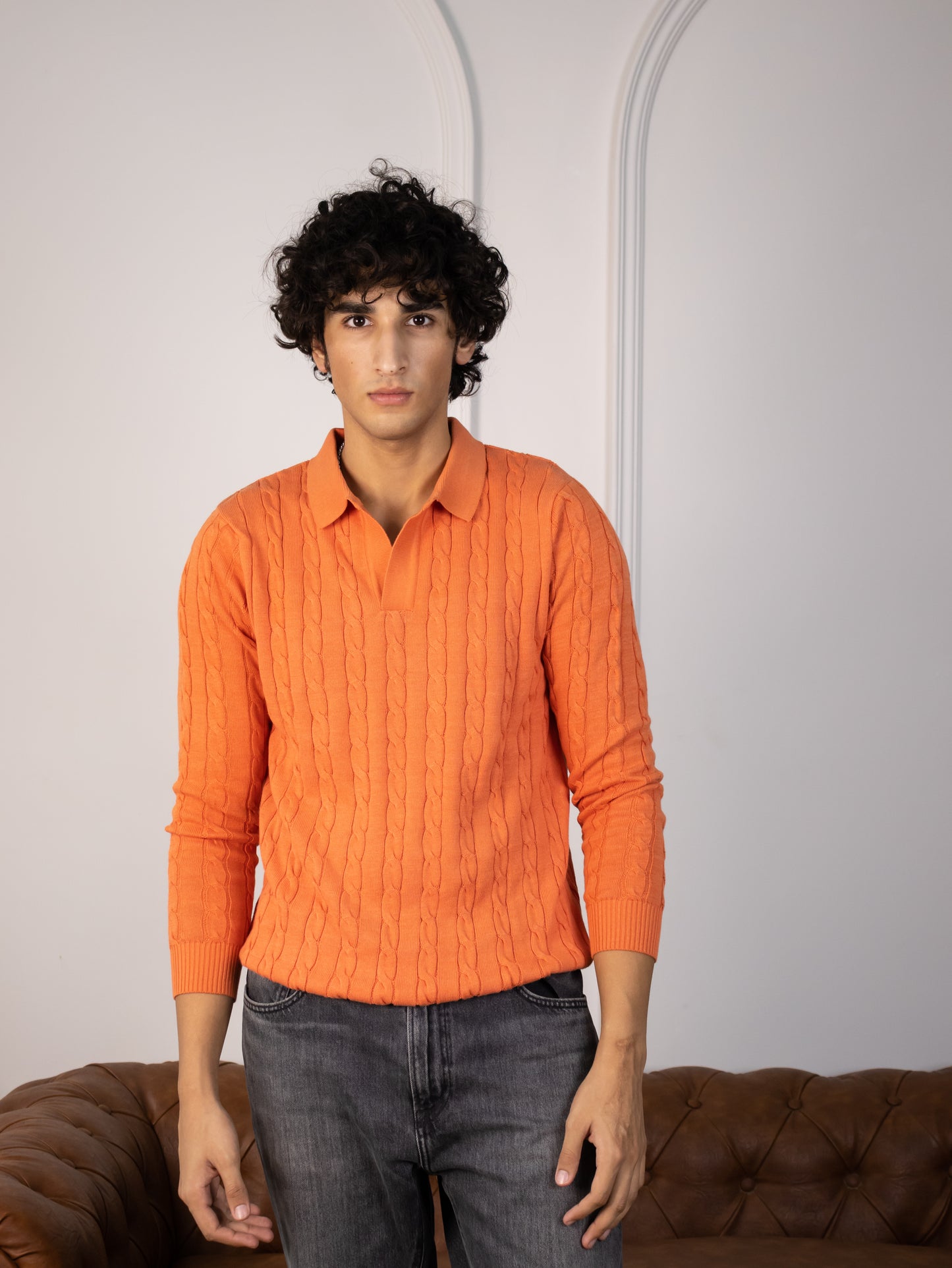 Long Sleeve Cable Knit Polo (Saffron)